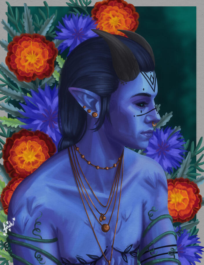 A full color illustration of Tav, a blue mephistopheles tiefling, from baldur's gate three seen from the chest up, they're topless. It is apparent they've had top surgery, as they have tattoos covering the scars. They're wearing copper jewelry. Behind them