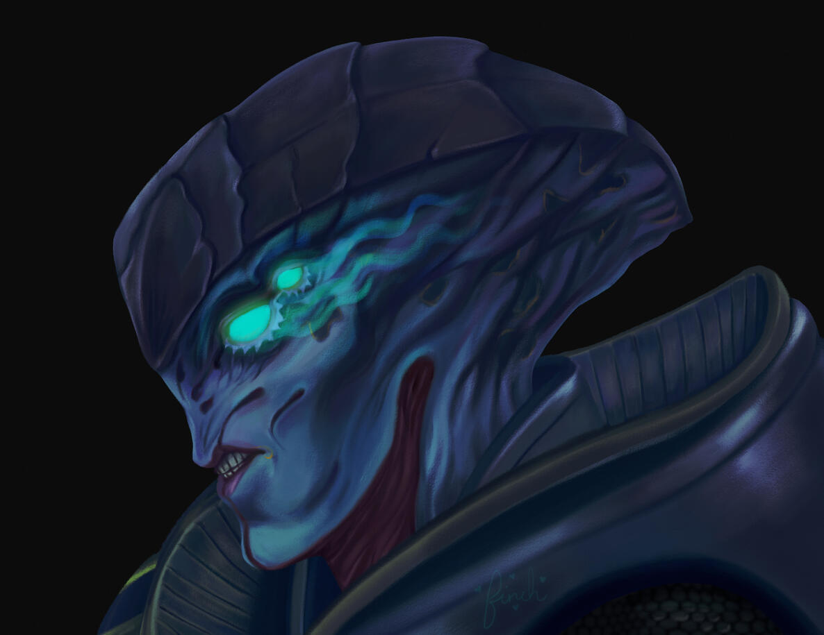 A portrait illustration of Javik from mass effect from the shoulder up, he is facing right and his eyes are glowing with teal-ish biotic light that trails slightly. He's wearing a sneer.