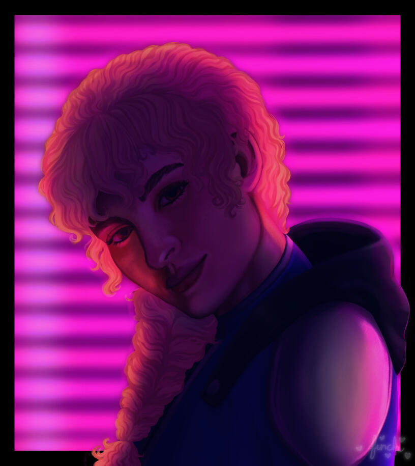 A blonde woman with her head tilted forward, she has a slight smile as she looks at the viewer. Her hair is curly and held into a big braid that falls over her shoulder. She's on a background of neon pink lights.