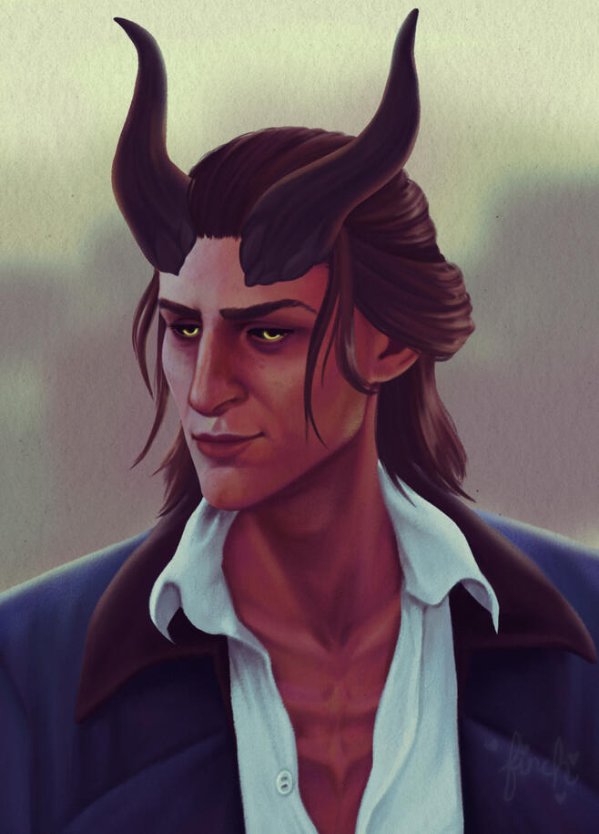 A portrait illustration of Rolan from Baldur's Gate 3 dressed as Mr. Darcy as played by Matthew Macfadyen. He's shoulder up wearing a blue coat with a white shirt open in the front. He's looking down but has a slight smile on his face. There is a pale yell