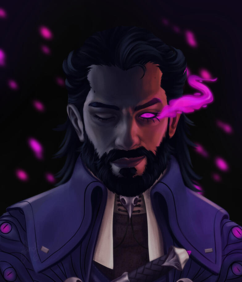 A portrait illustration of Lucanis Dellamorte, from Dragon Age. His face is set into two expressions on one side his eye is closed and his mouth is neutral. On the other side his eye is glowing pink indicating that Spite is in control, he's wearing a grin.