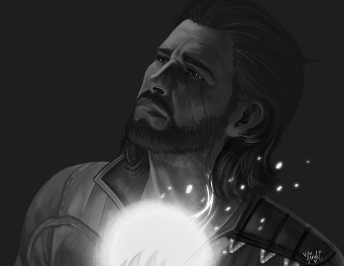A grayscale illustration of Gale of Waterdeep from Baldur's Gate 3. He's in grayscale. There is a glow at his chest and you can see a clawed hand touching in the glow. Some of his neck tattoo is also glowing. He has the saddest puppy dog eyes you've ever s