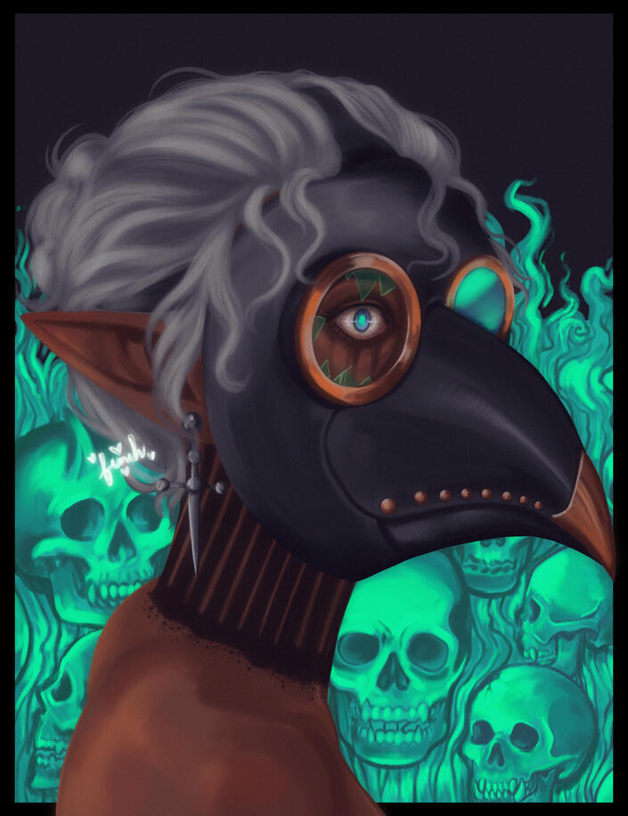 A full color portrait illustration Aska Umthara my PC from Baldur's gate 3. She's apparently not wearing anything but a mask, though is only seen from the shoulder up. She has a plague mask on with one of the eyes shattered so you can see her eye wide in w