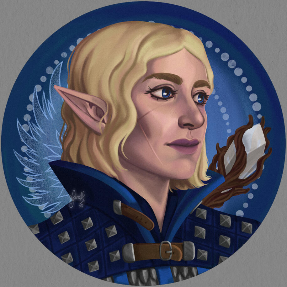 A full color illustration of a portrait in a circle icon. The portrait is a blonde elf with blue eyes. Her hair is in a short slightly wavy bob. She has a crossed scar on her cheek. She's wearing Gray Warden mage armor. Behind her is a wooden staff set wit