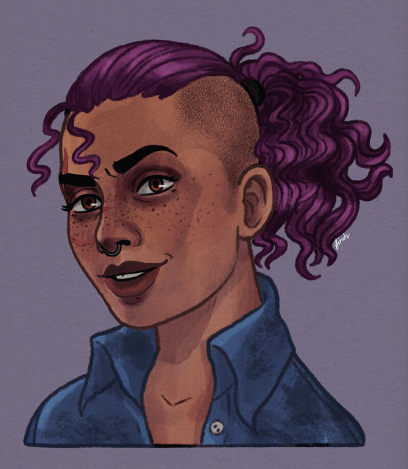 A full color portrait illustration of Xochil Reyes, my sole survivor from Fallout 4. This is a shoulder up portrait. She has tanned skin, brown eyes, freckles, and a little gap in her front teeth visible as she grins. Her hair is under cut, and the remaini