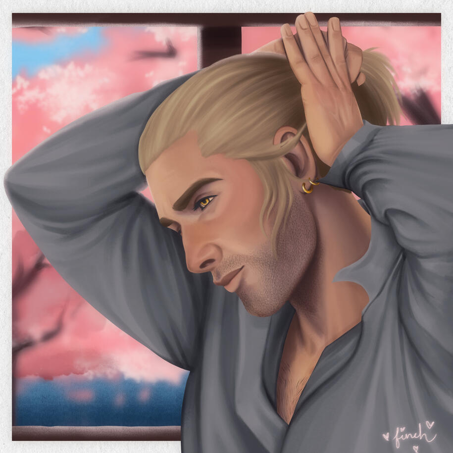 Jacob Grimm my PC Engineer from Guild Wars 2. He is seen from the chest up in a loose gray shirt. He is pulling his blonde hair back into a ponytail. Behind him are pink blossoming trees.