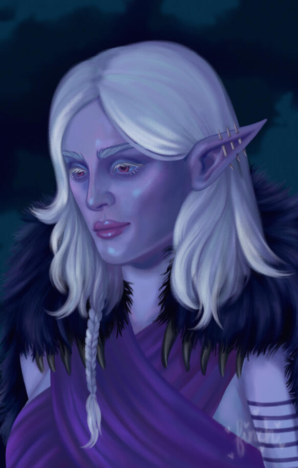 A full color illustration of a pale elf druid from pillars of eternity. Her skin is pale violet, and her hair is white. She's wearing a purple top and has a bear skin cloak with the feet and claws at her shoulder.