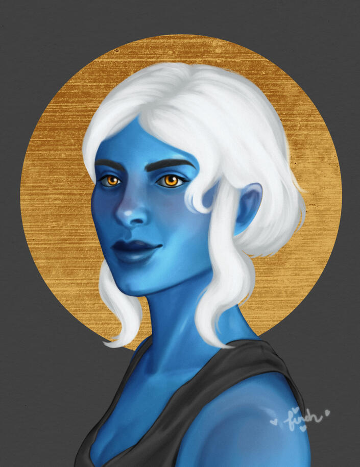 A full color portrait of a blue Tilaarin my PC from Andromeda Six Rielle Peg'asi seen from the shoulder up. She has an exaggerated A cut, and her hair is white. She is smiling softly and her eyes are gold in color. Behind her is a textured gold circle.