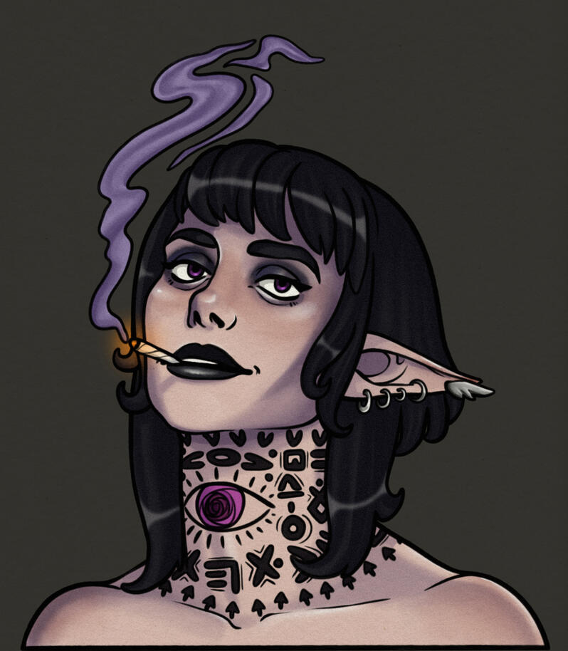A full color illustration of a shoulder up portrait of Demos Reavermourne, an original character. Her head is pointed up, but she is looking at the viewer. She has pale skin and purple eyes. She has black lipstick on and is smoking a cigarette. Her hair is