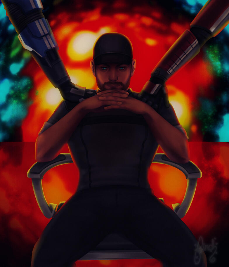 A full color illustration of Jeff 'Joker' Moreau from Mass Effect he's on Cronos Station in the Illusive Man's chair. He's wearing black, his eyes are glowing slightly as if he's been indoctrinated. In the shadows you can see Shepard & Kaidan's armored arm