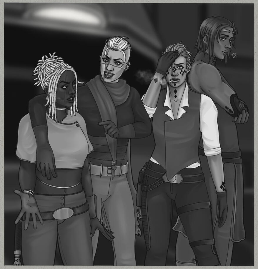 A grayscale illustration of four of my characters from SWTOR, they’re walking into a cantina together. Charlie (smuggler looks excited), Winter (Jedi knight) looks stern, Yana (trooper) & Esskelle (Jedi consular) look exasperated.