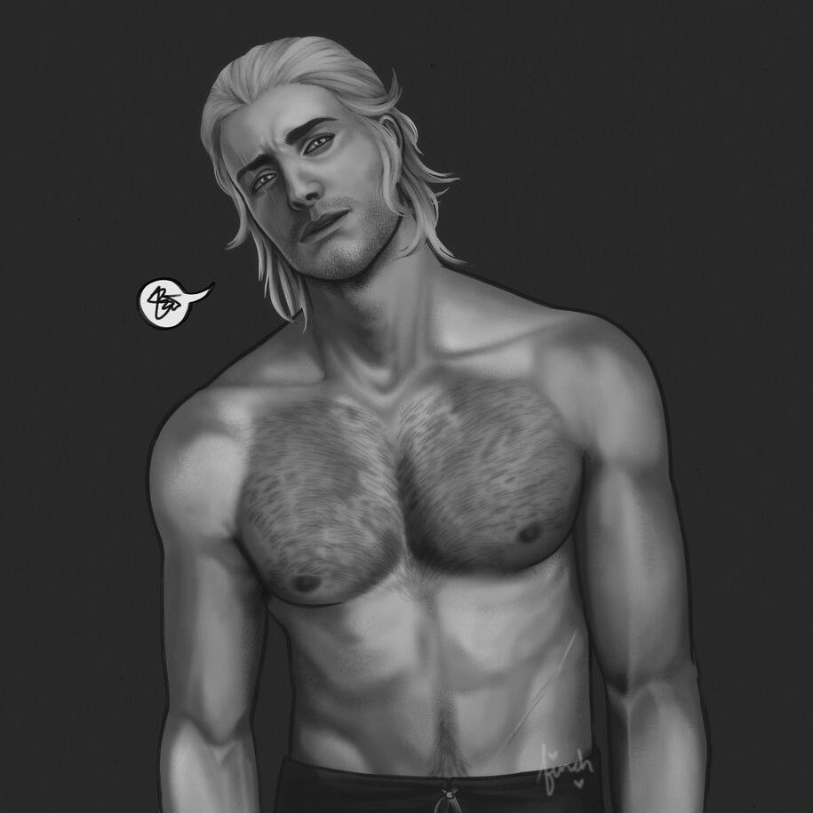 A grayscale illustration of my engineer commander from guild wars 2, Jacob Grimm. He’s seen from the hip up he's shirtless & exasperated. His hair is shoulder length, his face is scarred, and he has chest hair.