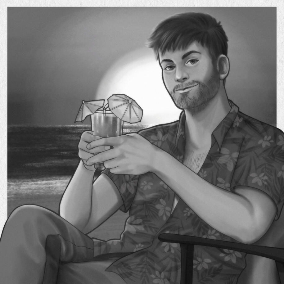 A grayscale illustration of Jeff 'Joker' Moreau from Mass Effect in grayscale sitting in a chair on a beach. He's wearing a Hawaiian shirt and holding a drink. He's not wearing his hat and is smiling. Behind him is a sunset.