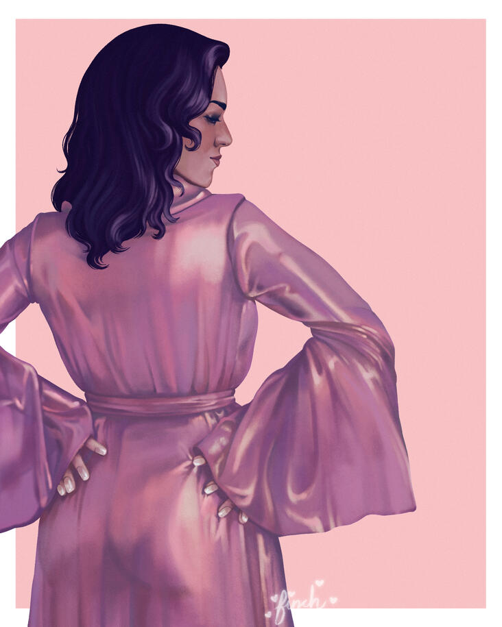 A full color illustration of Miranda Lawson in a silky pink robe. You can see her butt through the sheer fabric. She's standing back to the viewer but looking back over her shoulder.