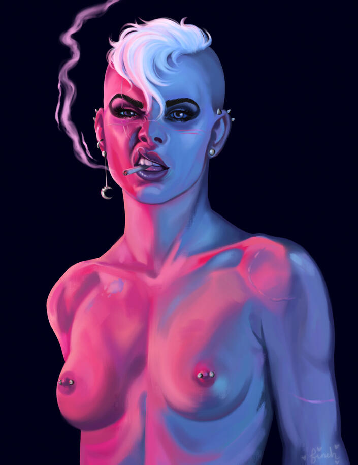A pink/blue/purple illustration of my star wars the old republic smuggler Charlie Thrasher. She's from the chest up, nude. Her hair is white, shaved except for on the top. She's making a punk ass expression with a cigarette in her teeth. Her nipples are pi