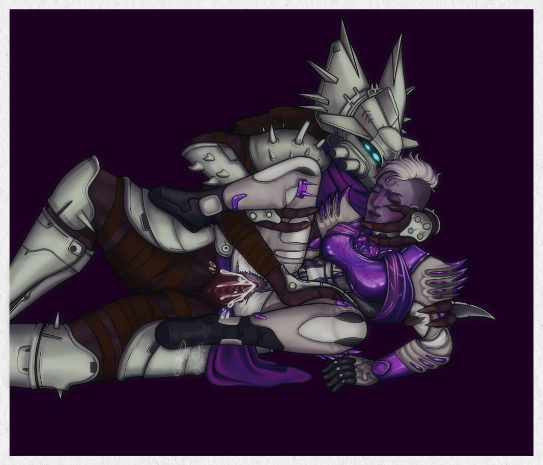 A full color illustration of a fallen captain and my client's PC Sheeva. The fallen has her gripped at the thighs and arms and is fucking her from behind. She is wearing purple and white armor that is torn away at the crotch and there is a clear cumshot ha