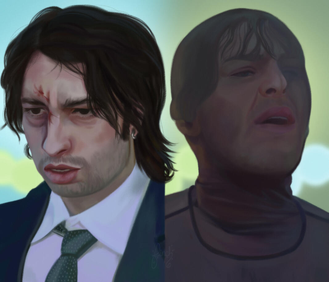 A full color illustration of Aaron and Tucker from Ray Bull on a light blue and light green softly glowing background. They're from the shoulder up, one is looking down wearing a disheveled suit and tie. He's got a black eye and some scrapes on his face. T