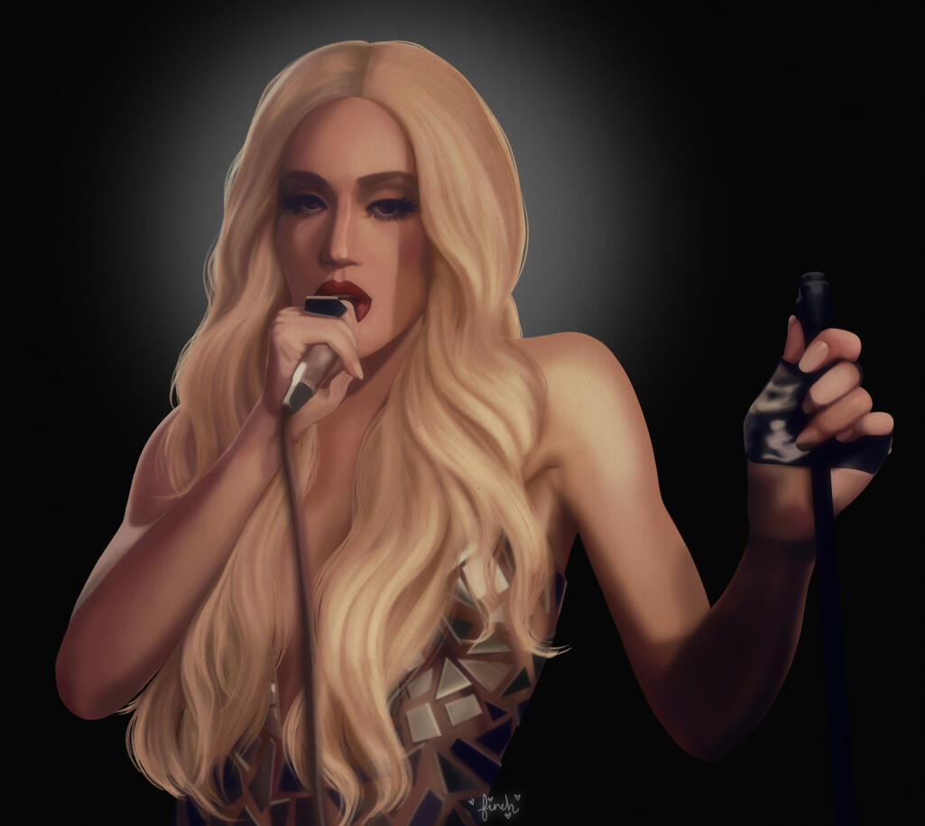 A full color illustration of Michelle Joy from the band Canons on a black background with a halo of light behind her head. She's singing into a mic and holding a mic stand.