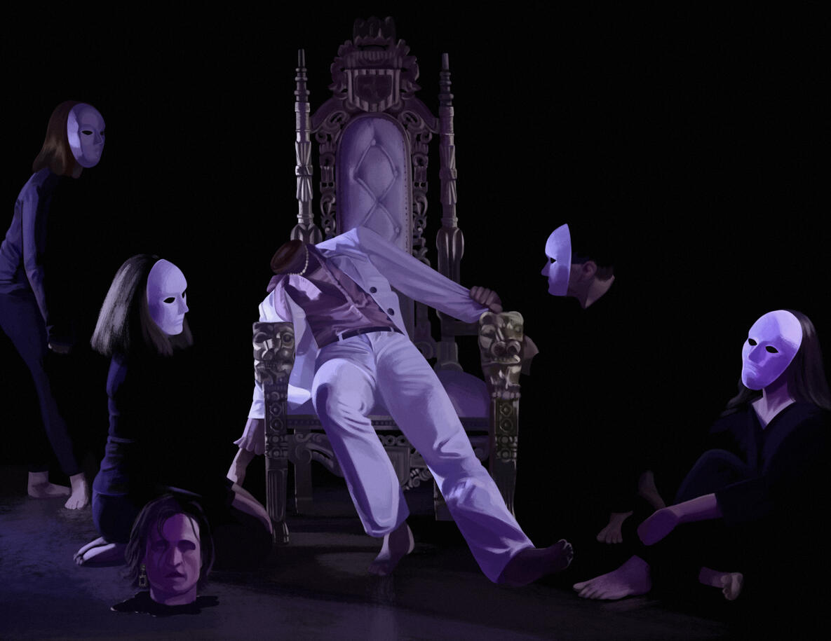 A full color illustration based on a screenshot from Jazz Emu's song "One of the Good Ones" There are masked figures on a stage, and a decapitated body in an elaborate chair wearing a white suit. The head sits on the stage mouth agape.