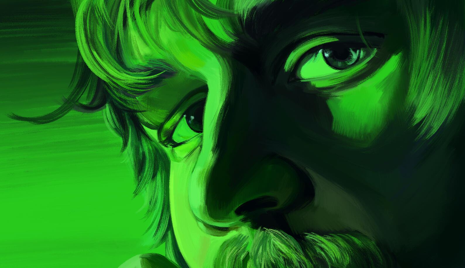 A monochromatic illustration in green of Bo Burnham's eyes as he's singing from the Inside Outtakes on Netflix. It's heavily textured with brush strokes.