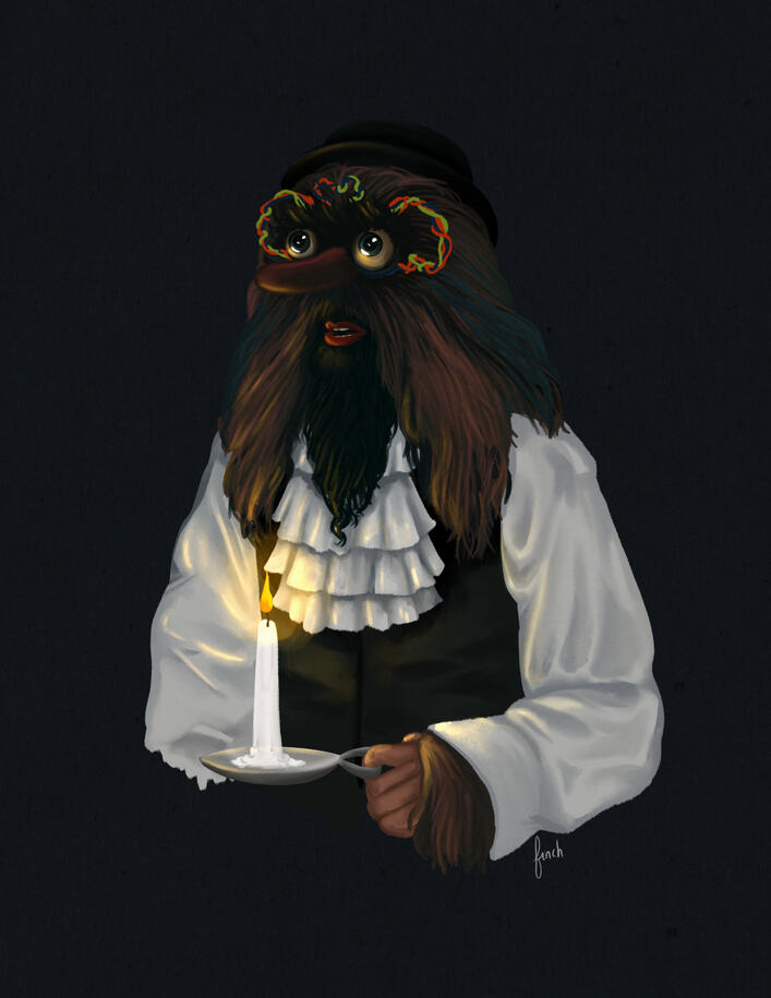 A full color illustration of Greezy Rick a weird muppet man from the brain of Nick Lutsko, on a dark background. He's in a ruffled shirt and black vest and is holding a candle.