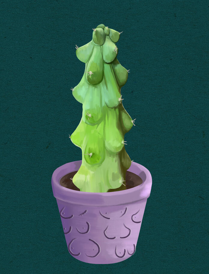 A full color illustration of a Myrtillocactus geometrizans, which is a boobie cactus. It's in a purple pot covered in diverse boobies.