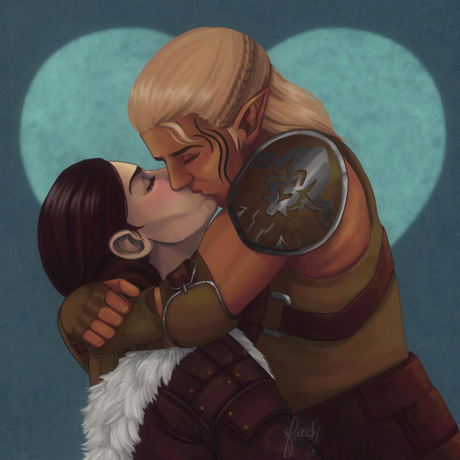 A full color illustration of Mór Cousland and Zevran Arainai on a blue background. They're kissing, and Mor is holding Zevran up as she is larger and stronger than him. His arms are around her neck. They're both in leather armor.