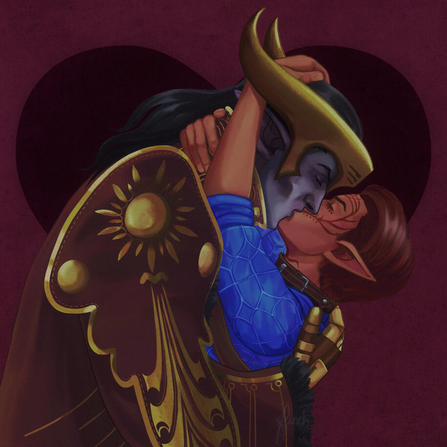 A full color sketch illustration of an elven Rook and Elgar'nan from DAtV. Elgar'nan has his arm wrapped around the smaller rook and is pulling him up into a kiss. Rook is wearing Gray Warden casuals.