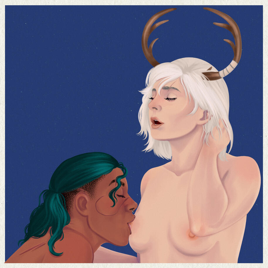 A full color illustration of Antlers an OC and Xochil an OC both from Fallout. Xochil is sucking on Antler's left right nipple. Xochil has medium skin and green hair in an undercut. Antlers has pale skin, white hair and wears a set of antlers.