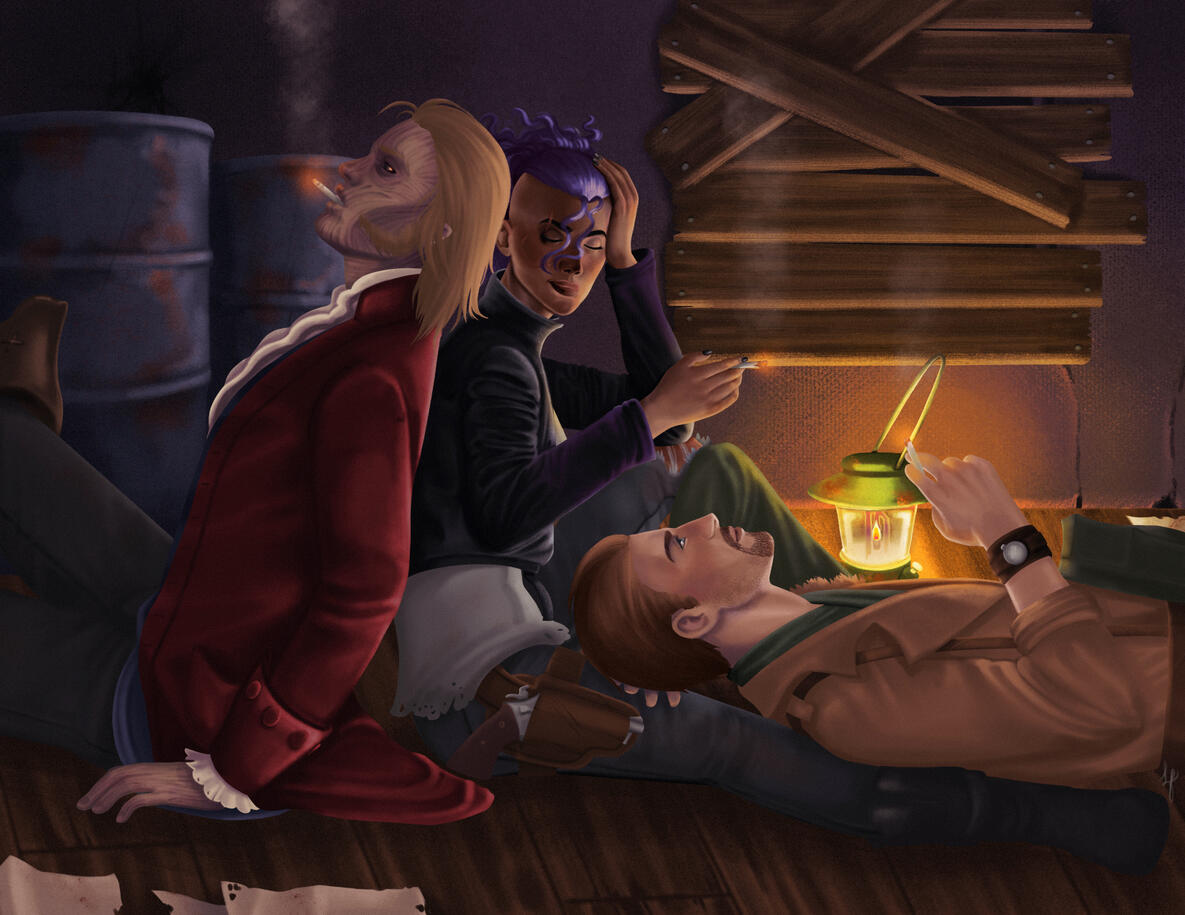 A full color illustration of MacCready, My Sole Survivor Xochil, and Hancock from Fallout 4. They're all sitting in what looks like an abandoned building. They're all leaning against each other with Hancock back to back with Xochil, and MacCready resting h