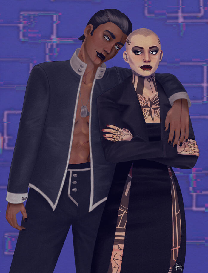 A full color illustration of Jack and Star Shepard from Mass Effect. They're standing in the walkway for the casino fundraiser from the Citadel DLC. Jack is in a black slit dress, Star is wearing an open jacket suit with no shirt underneath and their dog t