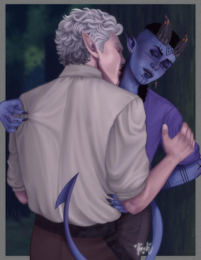 A full color illustration of Astarion and Tav from Baldur's Gate. Tav is a blue mephistopheles tiefling. Astarion is biting their neck in the woods, as Tav is pressed against a tree. Tav appears to be enjoying this.