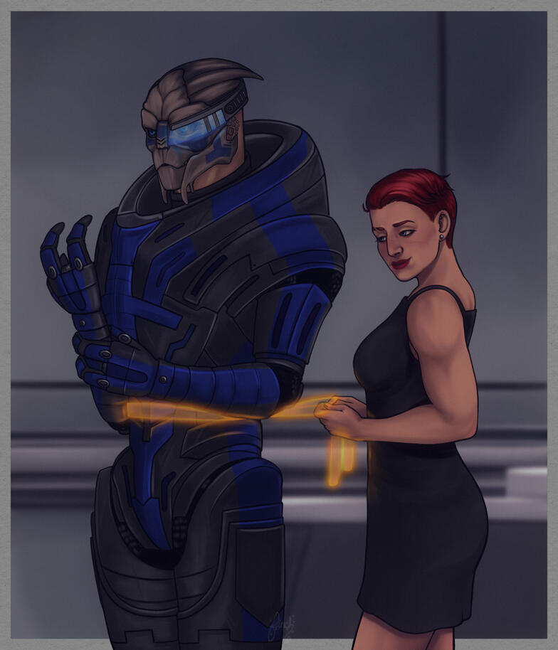 A full color illustration of Garrus and Liv Shepard. Liv is measuring Garrus' waist with an amber holographic measuring tape. Garrus and Liv both look shy. Garrus is in his c-sec uniform and Liv is in a short black dress as she measures him from behind. Th