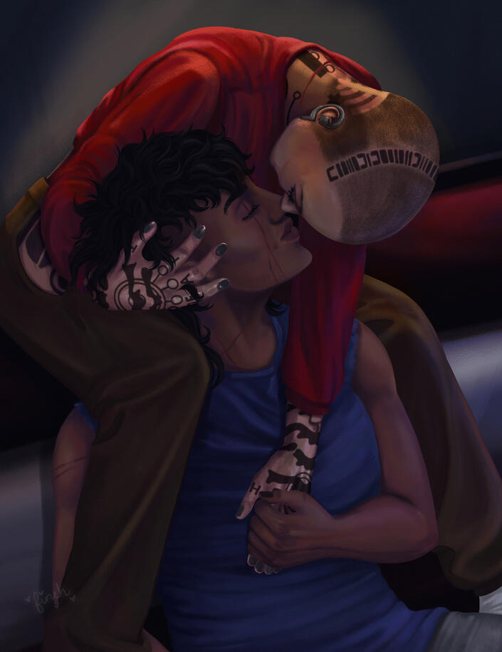 A full color illustration of Jack and my Shepard, Starling, from Mass Effect. Jack is sitting up and behind Shepard, she's touching their face and leaning hers in close. She's wearing a red sweater and brown pants, Shepard is in a blue shirt and grey sweat