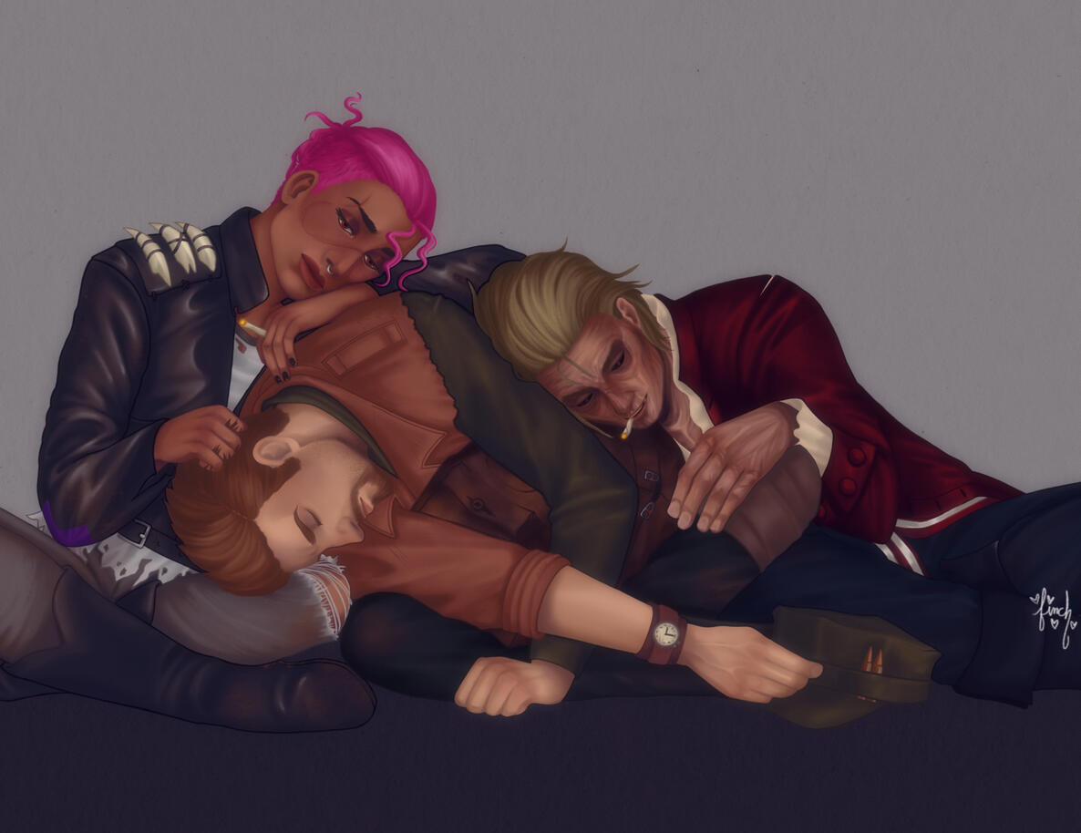 A full color illustration of Xochil, MacCready, and Hancock from Fallout 4. They are all sitting and leaning on each other. Hancock is on the right, MacCready in the middle, and Xochil is on the left. MacCready is asleep, Xochil and Hancock are smoking.