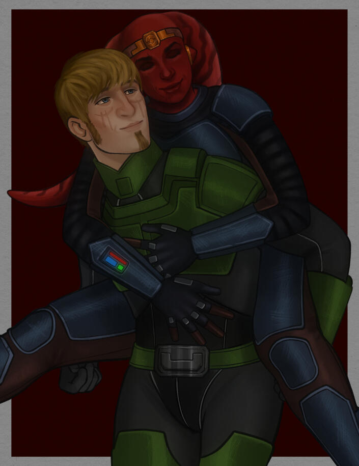 A full color Illustration of Torian and a twi'lek OC from an exchange. The Twi'lek is getting a piggy back from Torian and they both look very happy. Both are wearing armor. They're on a plain red background.