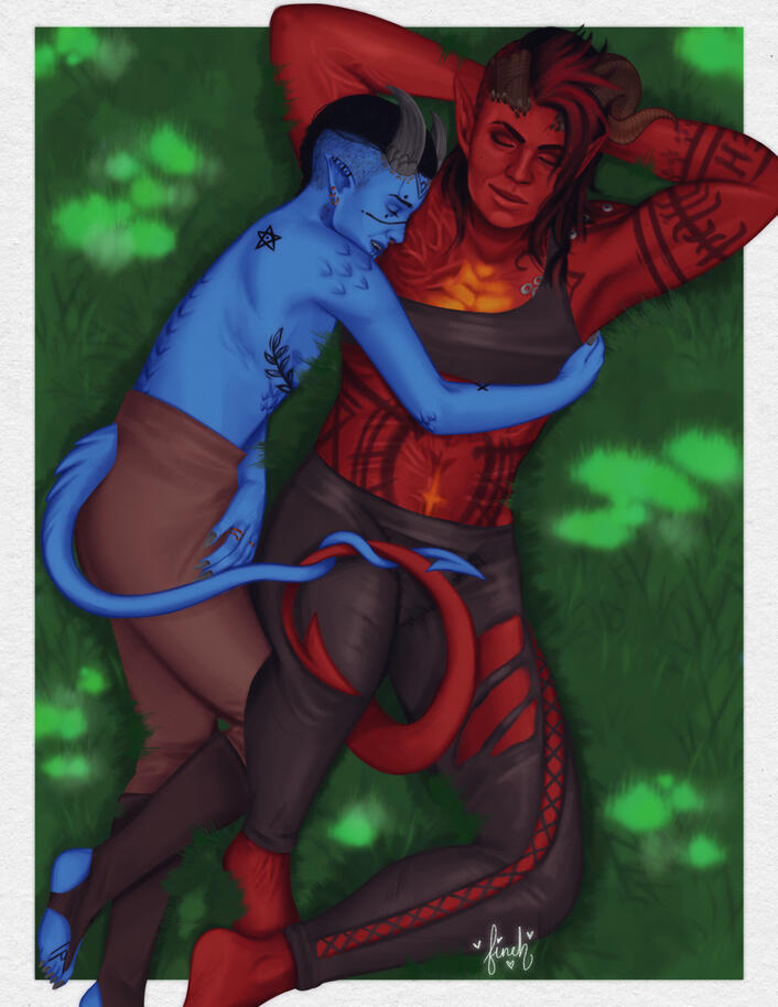 A full color illustration of Karlach and my tiefling Tav from Baldur’s Gate 3. They’re laying in the grass together their tails are intertwined. Tav is much smaller than Karlach. Tav is shirtless and covered in tattoos. Karlach is in her camp clothes.