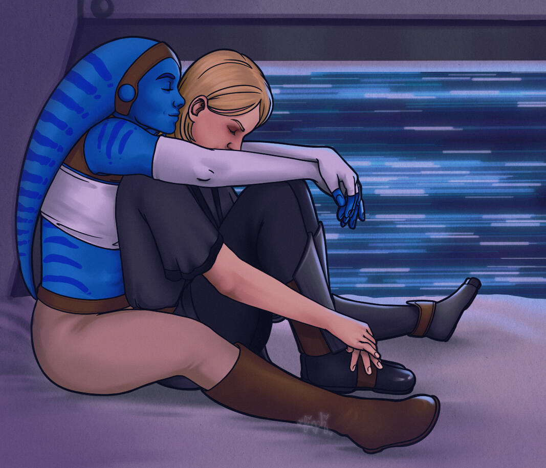 A full color illustration of Lana Beniko and a Twi'lek (SWTOR OC) They are sitting on a bed in front of a view port on a ship. The Twi'lek has their arms around Lana. Lana is sitting with her knees to her chest and her head tilted towards her knees.