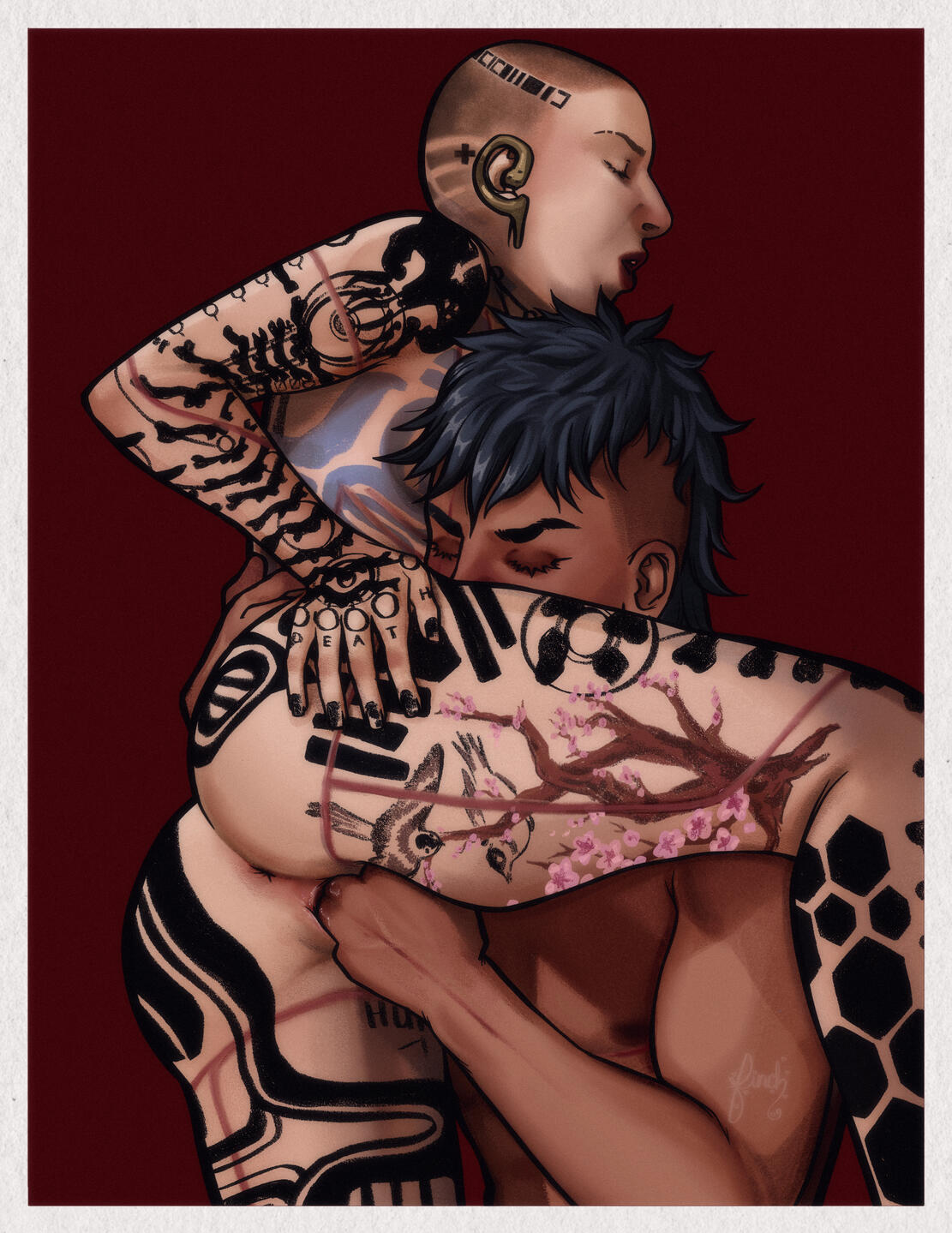 A full color illustration of naked Jack and Starling Shepard, Shepard has Jack hefted on their lap and they're fingering Jack while their face is pressed into her thigh.
